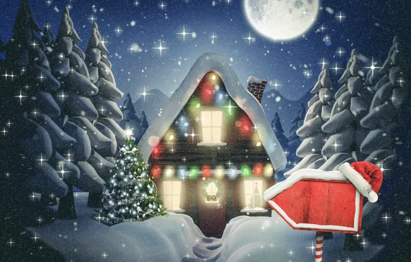 Картинка зима, снег, Новый Год, Рождество, хижина, Christmas, night, winter