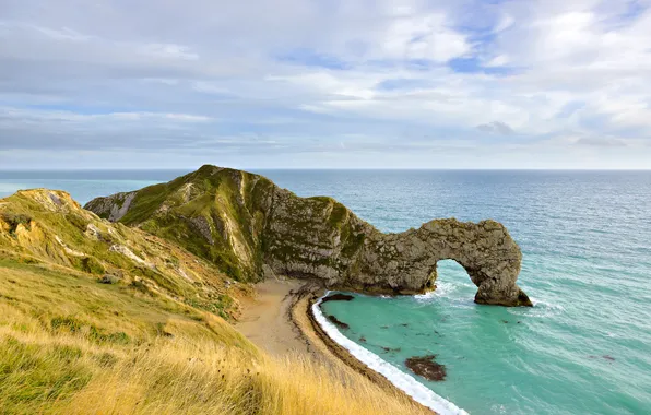 Beach, coast, cloud, england, door, coastline, cliff, arch