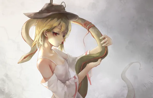 Картинка девушка, змея, шляпа, аниме, арт, touhou, moriya suwako, gensou kuro usagi