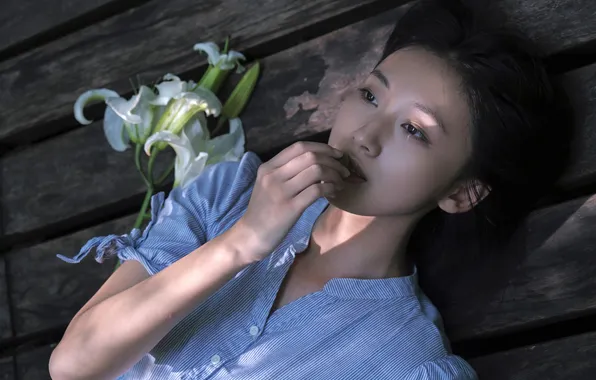 Beautiful, Asian, Model, Flowers, Woman, Cute, Lying Down, Laying
