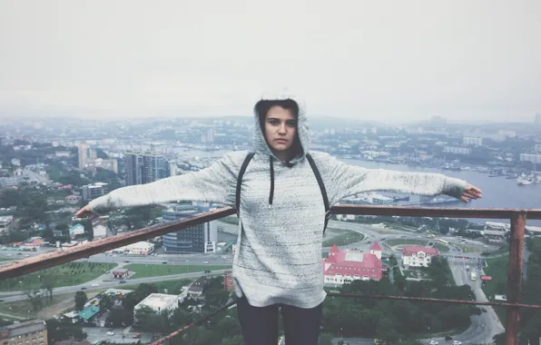 Море, пейзаж, мост, city, город, высота, Девушка, вышка