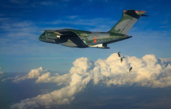 Картинка FAB, Embraer, KC-390, paratroopers, military aircraft, Força Áerea Brasileira, Brazilian Air Force