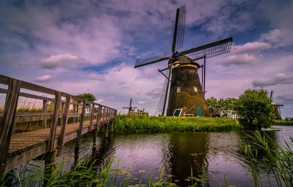Картинка мост, река, канал, Нидерланды, ветряная мельница, Киндердейк, Киндердайк