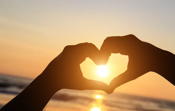 Любовь, закат, сердце, руки, love, beach, heart, sunset