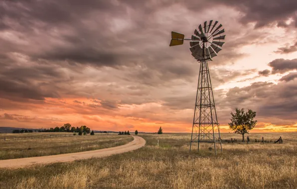 Картинка пейзаж, ветряк, Australia, New South Wales, Brewongle, O'Connell Rd, Spinning Wheel Country Australia