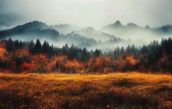 Осень, лес, пейзаж, горы, природа, туман, картина, ели