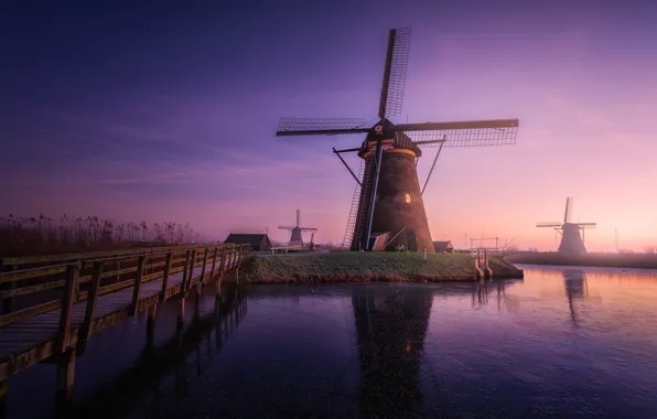 Картинка вечер, утро, дымка, Нидерланды, Ветряные мельницы