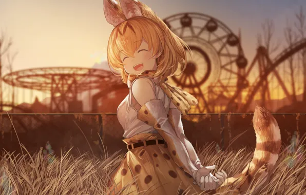 Девушка, ушки, anime, art, хвостик, serval, koruse, kemono friends