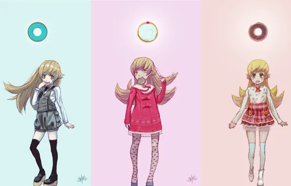 Коллаж, девочка, пончики, Bakemonogatari
