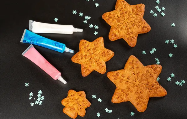 Снежинки, праздник, краски, печенье, Новый год, Christmas, выпечка