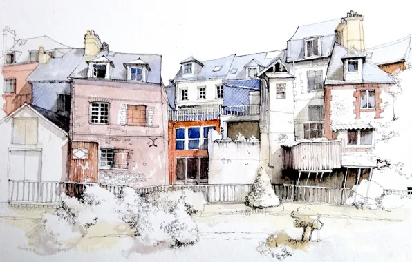 Картинка рисунок, Франция, акварель, городской пейзаж, Онфлёр