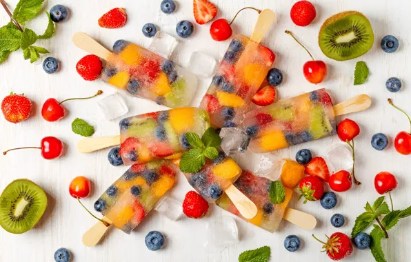 Лед, ягоды, киви, черника, клубника, мороженое, фрукты, мята