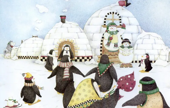 Зима, детство, праздник, пингвины, снеговик