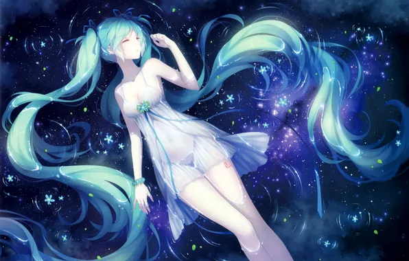 Вода, девушка, цветы, аниме, арт, vocaloid, hatsune miku, tidsean