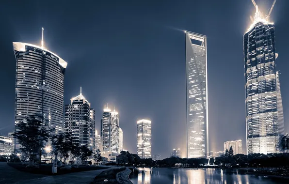 China, здания, Китай, Shanghai, Шанхай, ночной город, набережная, небоскрёбы