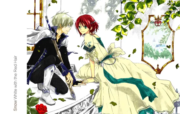 Романтика, в саду, shirayuki, akagami no shirayukihime, Zen Wistaria, парень с девушкой, бальное платье, меч …