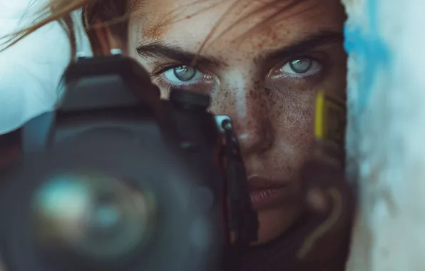 Девушка, Взгляд, Фотоаппарат, Глаза, Цифровое искусство, Крупным планом, Photographer, Фотограф
