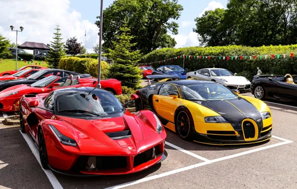 Bugatti, парковка, Veyron, Ferrari F430, суперкары, LaFerrari, Oakley Design