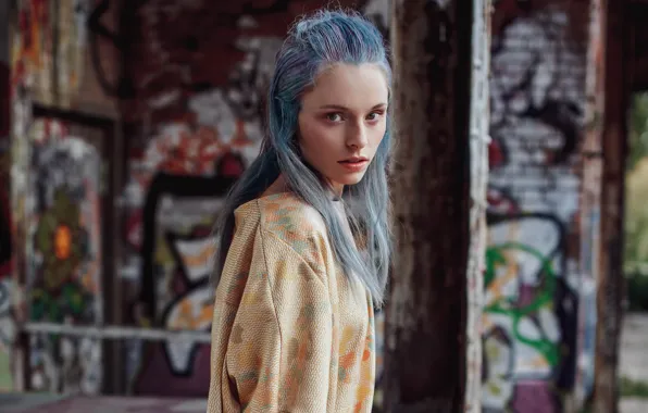 Girl, look, piercing, blue hair