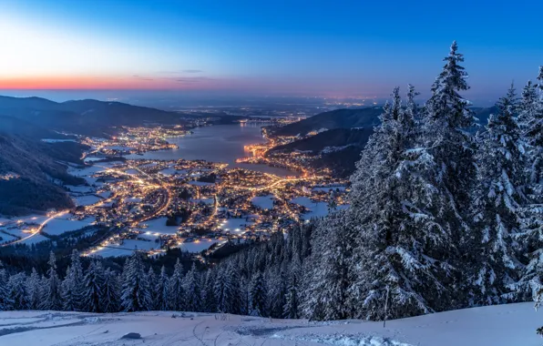 Картинка зима, лес, снег, горы, озеро, Германия, ели, Бавария