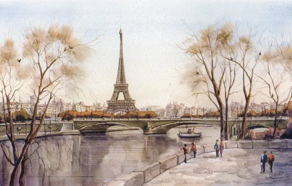 Мост, город, река, рисунок, эйфелева башня, париж, франция