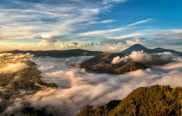 Облака, пейзаж, природа, Индонезия, Ява, Indonesia, вулкан Бромо, Bromo-Tengger-Semeru National Park