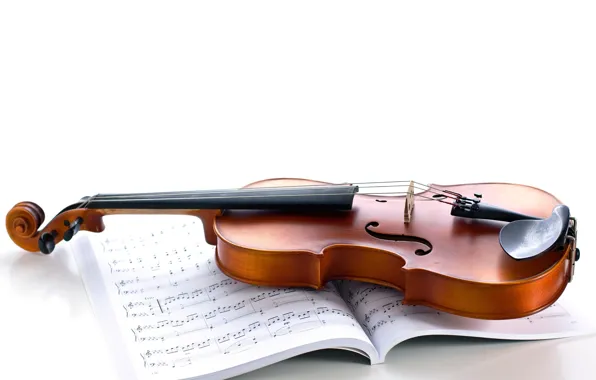 Ноты, скрипка, струны, белый фон, журнал, музыкальный инструмент