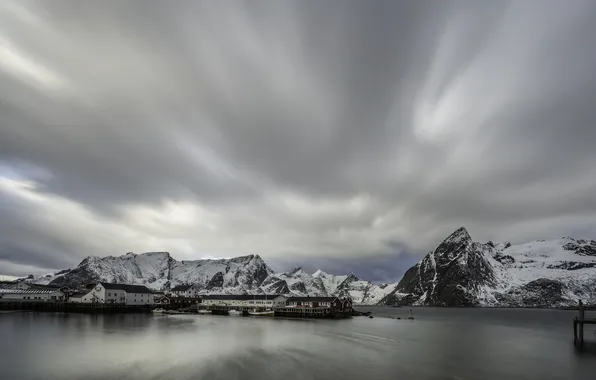 Зима, небо, горы, дома, Исландия