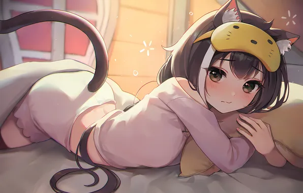 Girl, shorts, long hair, animal ears, anime, catgirl, beautiful, pretty