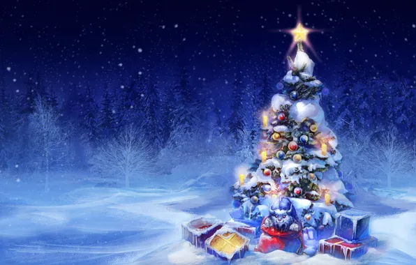 Картинка снег, огни, игрушки, елка, новый год, подарки
