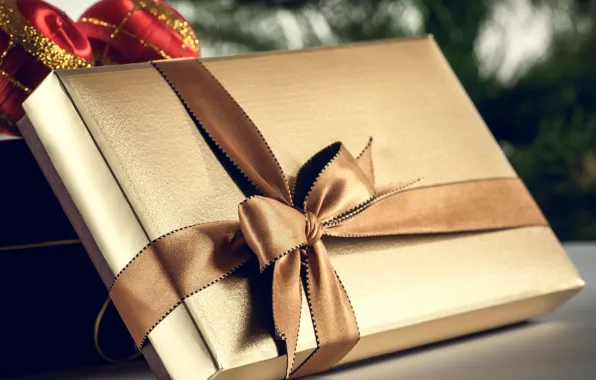 Коробка, подарок, шары, Новый Год, Рождество, лента, подарки, бант