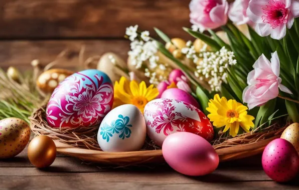 Цветы, яйца, весна, colorful, Пасха, happy, flowers, spring