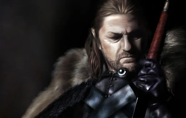 Картинка темный фон, меч, арт, мужчина, рукоятка, Game of Thrones, Eddard Stark