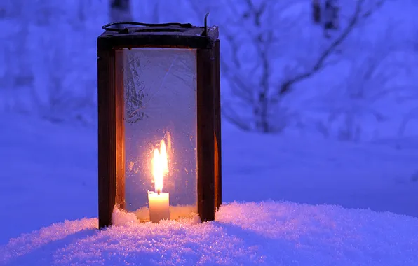 Картинка зима, свет, снег, ночь, свеча, фонарь, winter, snow