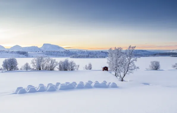 Зима, снег, деревья, горы, избушка, Норвегия, панорама, сугробы