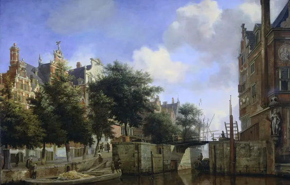 Картинка картина, Ян ван дер Хейден, Мартелаарсграхт в Амстердаме, городской пейзаж, масло