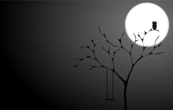 Ночь, фон, дерево, сова, луна, черный, минимализм, Полнолуние