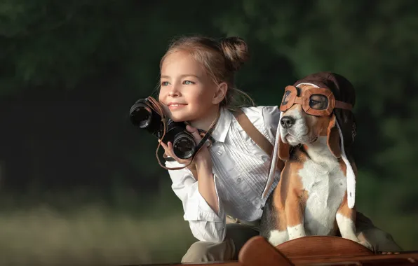 Картинка собака, девочка, авиатор, Анастасия Бусова