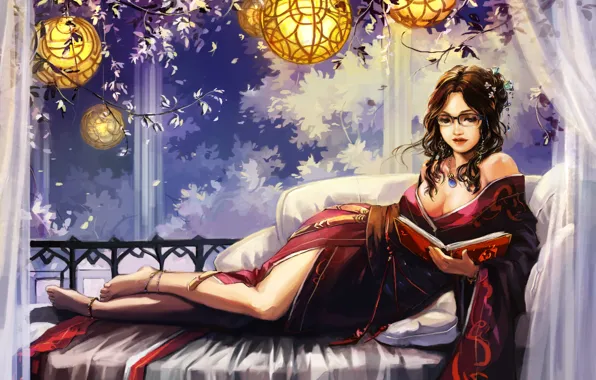 Девушка, диван, арт, очки, фонари, книга, кимоно, лежа