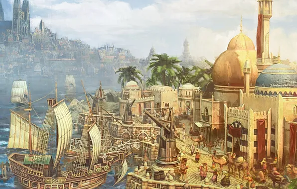 Картинка море, город, корабль, здания, парусник, Anno 1404