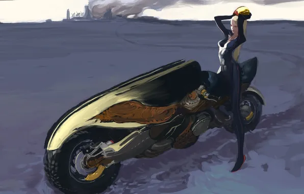Картинка девушка, город, фантастика, дым, арт, мотоцикл, шлем