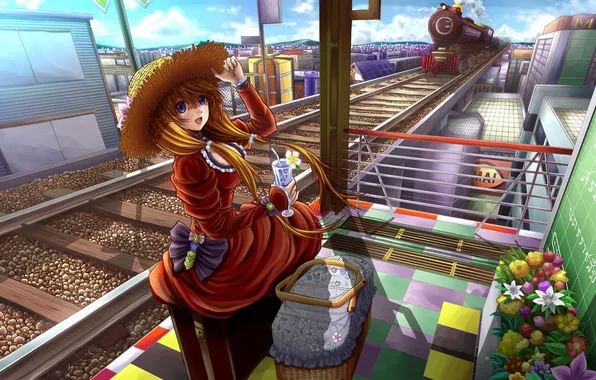Картинка девушка, город, дым, поезд, дома, шляпа, аниме, арт