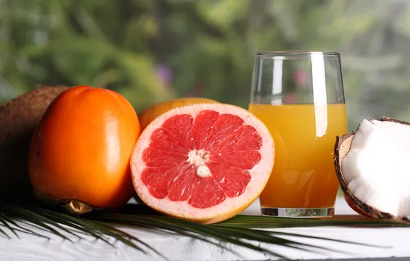 Кокос, сок, фрукты, грейпфрут, хурма, апельсиновый