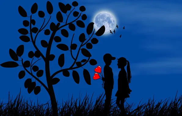 Картинка луна, романтика, мальчик, девочка, сердечки, силуэты, свидание, первая любовь