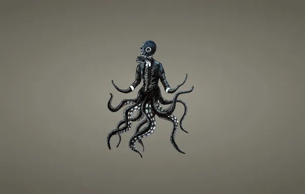 Осьминог, щупальца, противогаз, octopus, темноватый фон