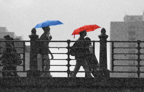 Картинка bridge, umbrella, people, walking, raining
