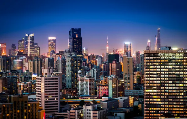 China, здания, панорама, Китай, Shanghai, Шанхай, ночной город, небоскрёбы