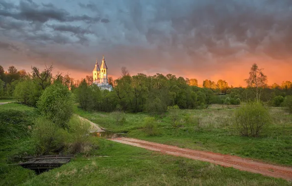 Картинка дорога, пейзаж, закат, природа, село, вечер, Алексей Сумников, Смольнево