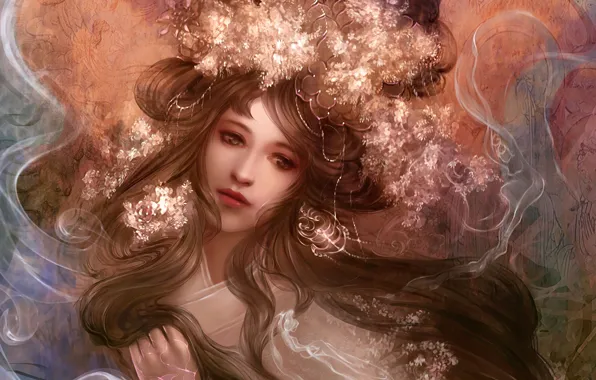 Картинка цветы, дым, девушка, арт, goldenrods, лицо, прическа