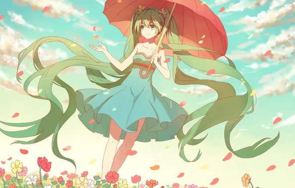 Картинка девушка, цветы, зонт, аниме, лепестки, арт, vocaloid, hatsune miku